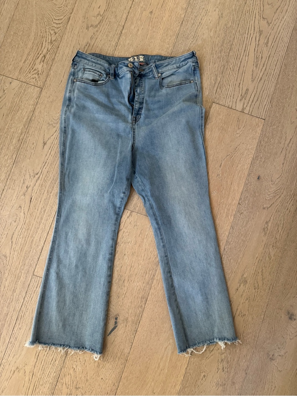 Free People CRVY Light Blue Cropped Straight Jeans with Raw Hem